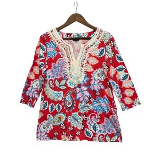 Talbots Womens Tunic Top Size M 3/4 Sleeve Split Neck Paisley Boho Feminine Red